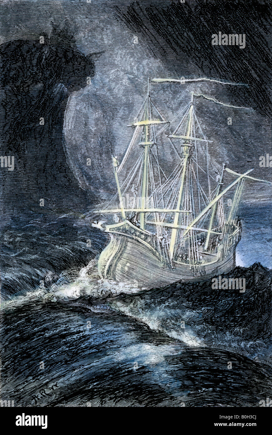 Ghost ship in einem Sturm. Hand - farbige Holzschnitt Stockfoto