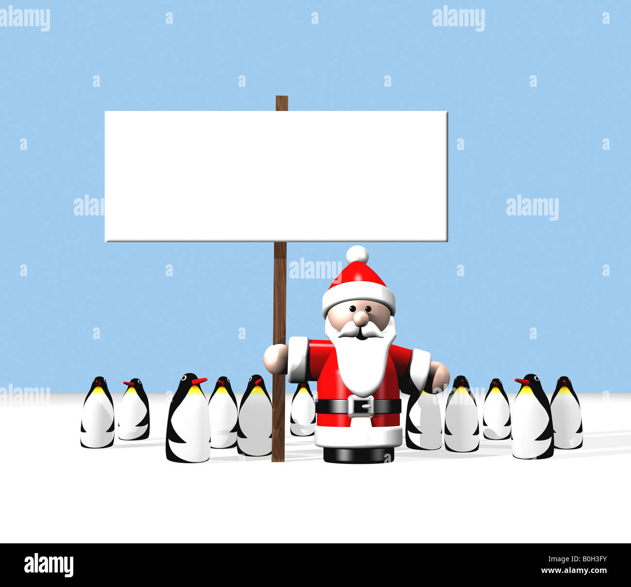 Santa mit einem Schild umgeben von vielen Pinguine am Nordpol. Stockfoto