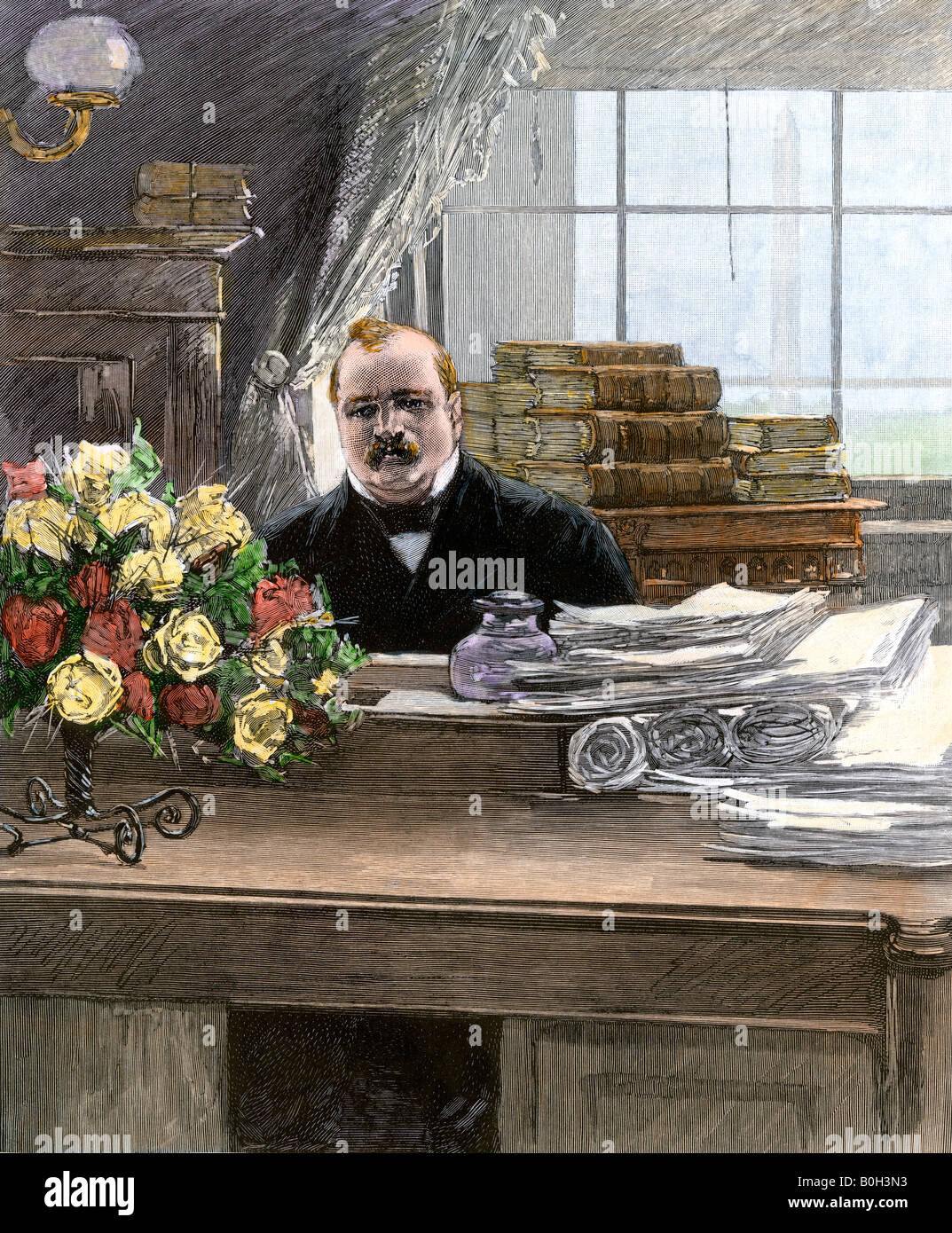 Präsident Cleveland bei der Arbeit im Weißen Haus 1888. Hand - farbige Holzschnitt Stockfoto