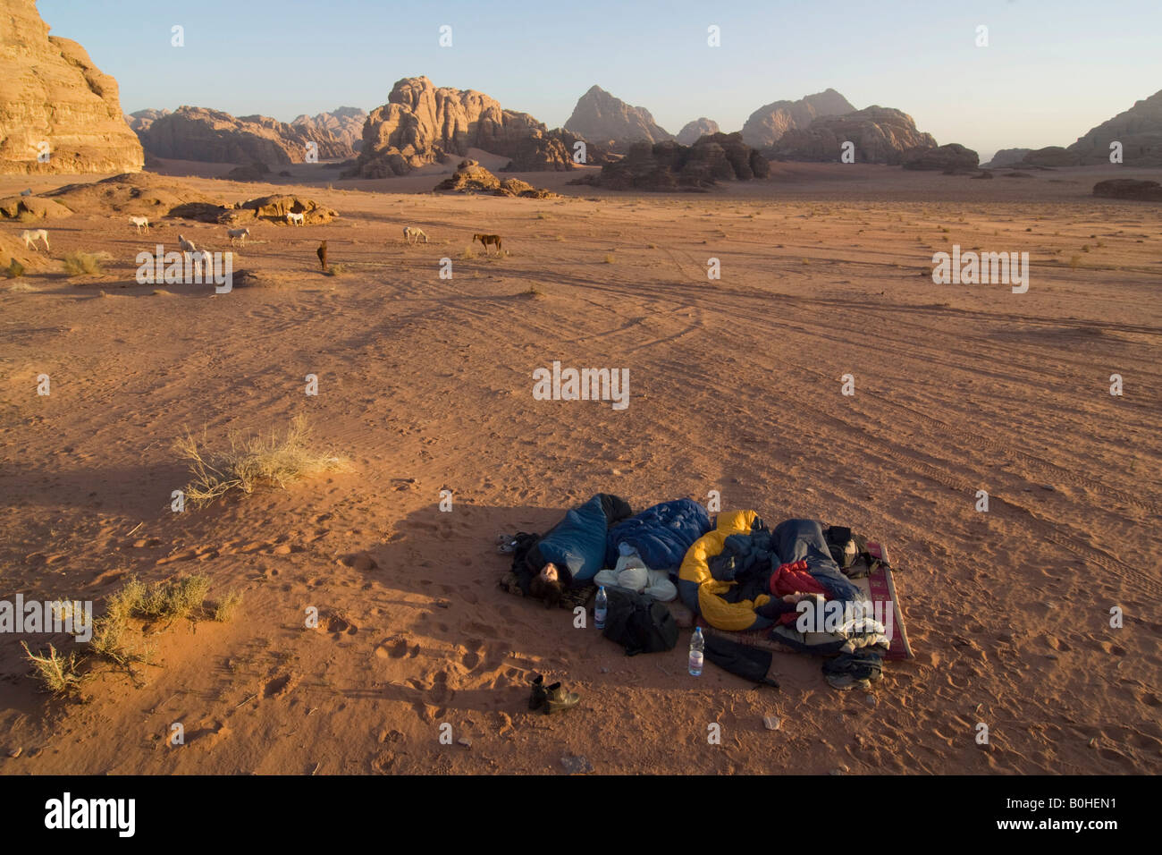 Touristen, die in einem Schlafsack unter freiem Himmel in der Wüste, Wadi Rum, Jordanien, Naher Osten Stockfoto