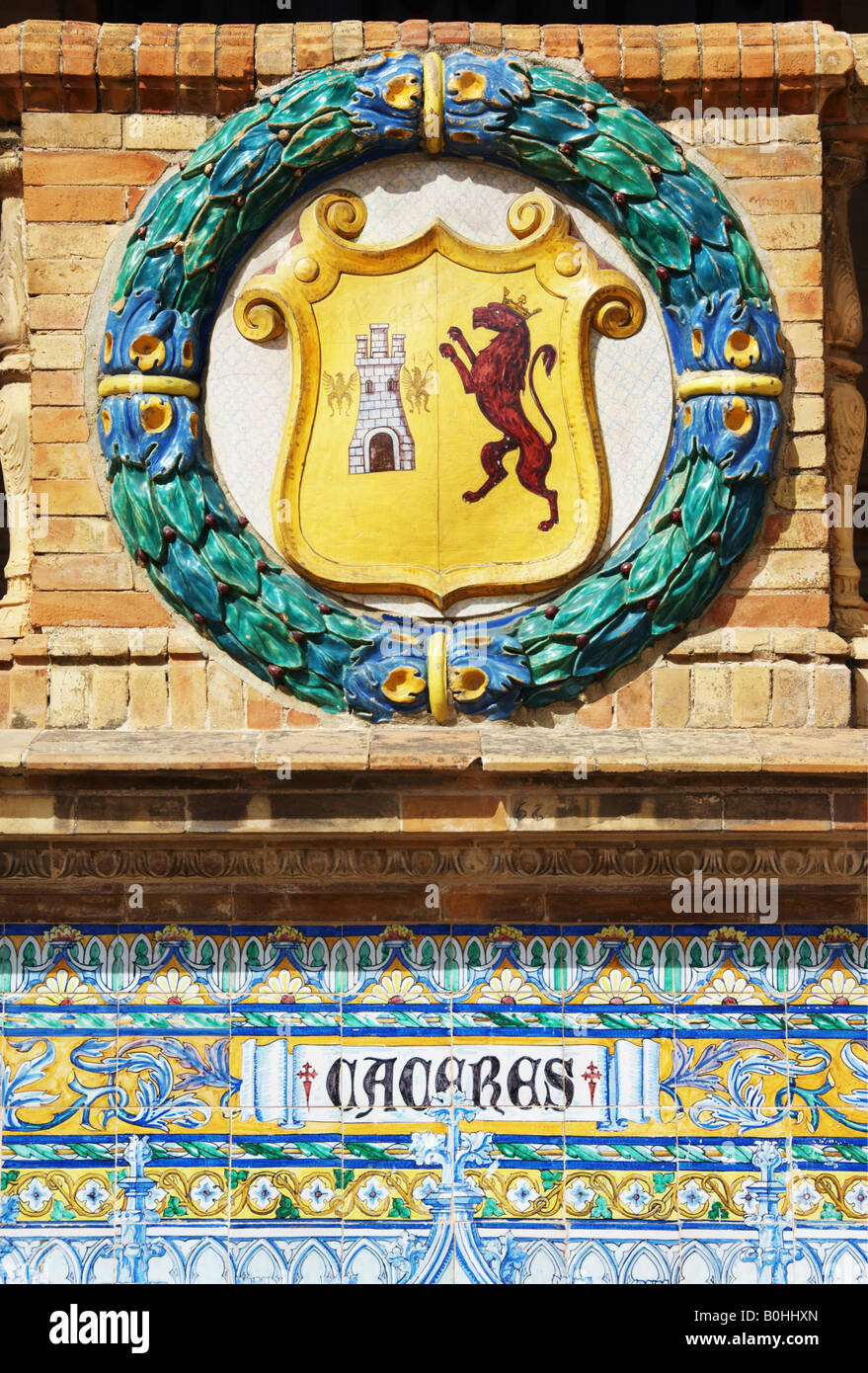 Wappen von Cacares am Palacio de Espana, Sevilla, Andalusien, Spanien Stockfoto