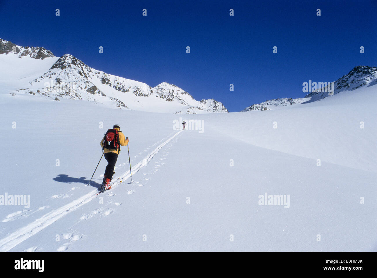 Tourengeher durchlaufen ein Touring verfolgen entlang einem breiten verschneiten alpinen Hochtal auf Mt. Similaun, Ötztaler Alpen, Tirol, Österreich, Euro Stockfoto