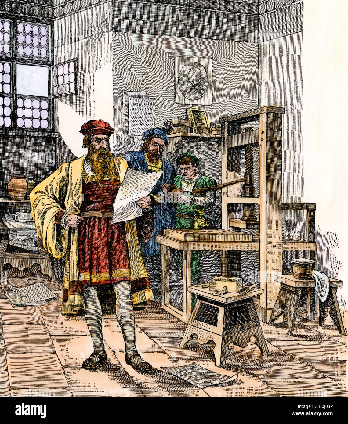 Gutenberg und Fust mit die erste Druckmaschine Deutschland 1450 s. Hand - farbige Holzschnitt Stockfoto
