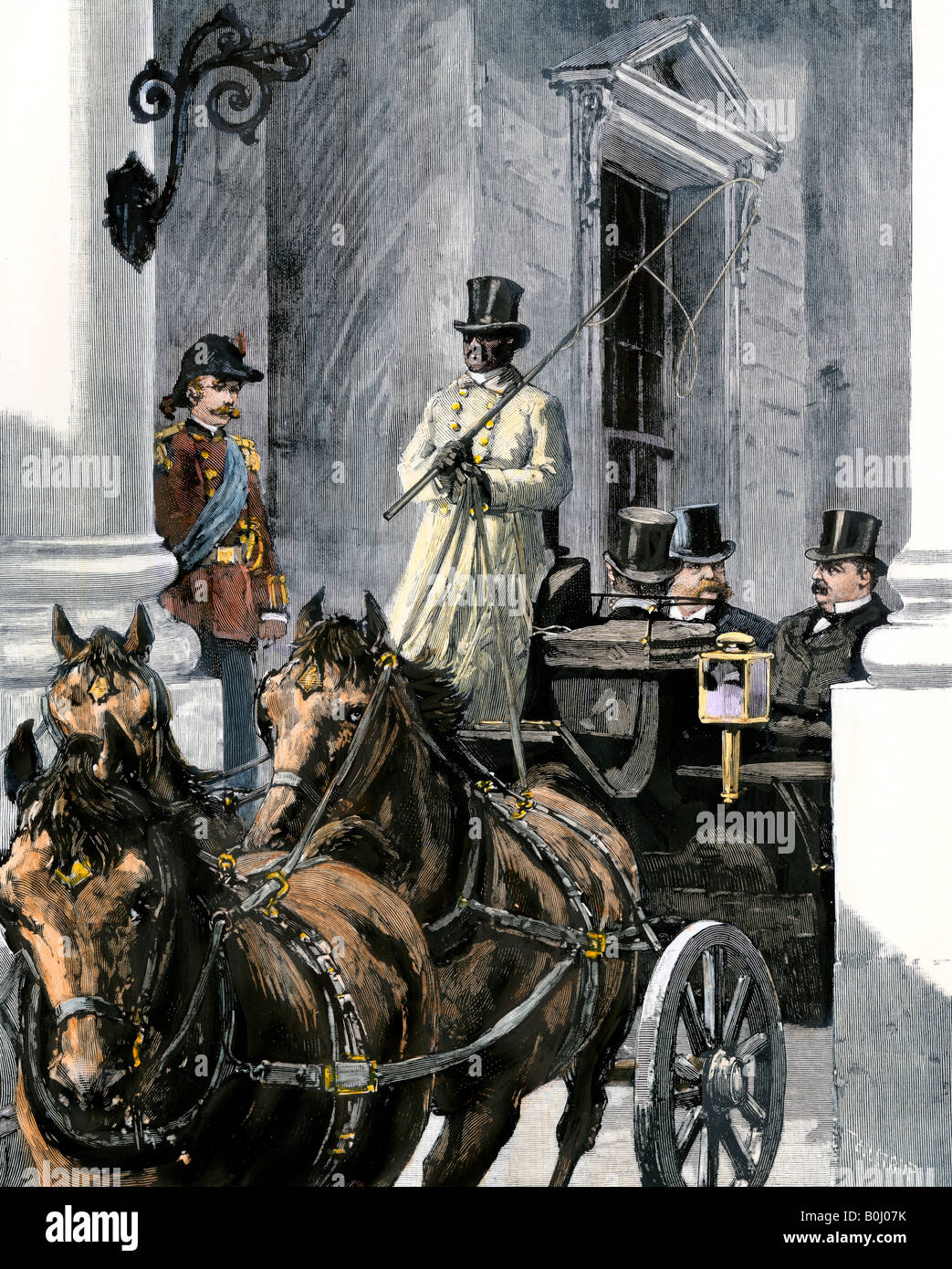 Präsident Chester eine Arthur und gewählter Präsident Grover Cleveland verlassen für die Einweihung 1885. Hand - farbige Holzschnitt Stockfoto