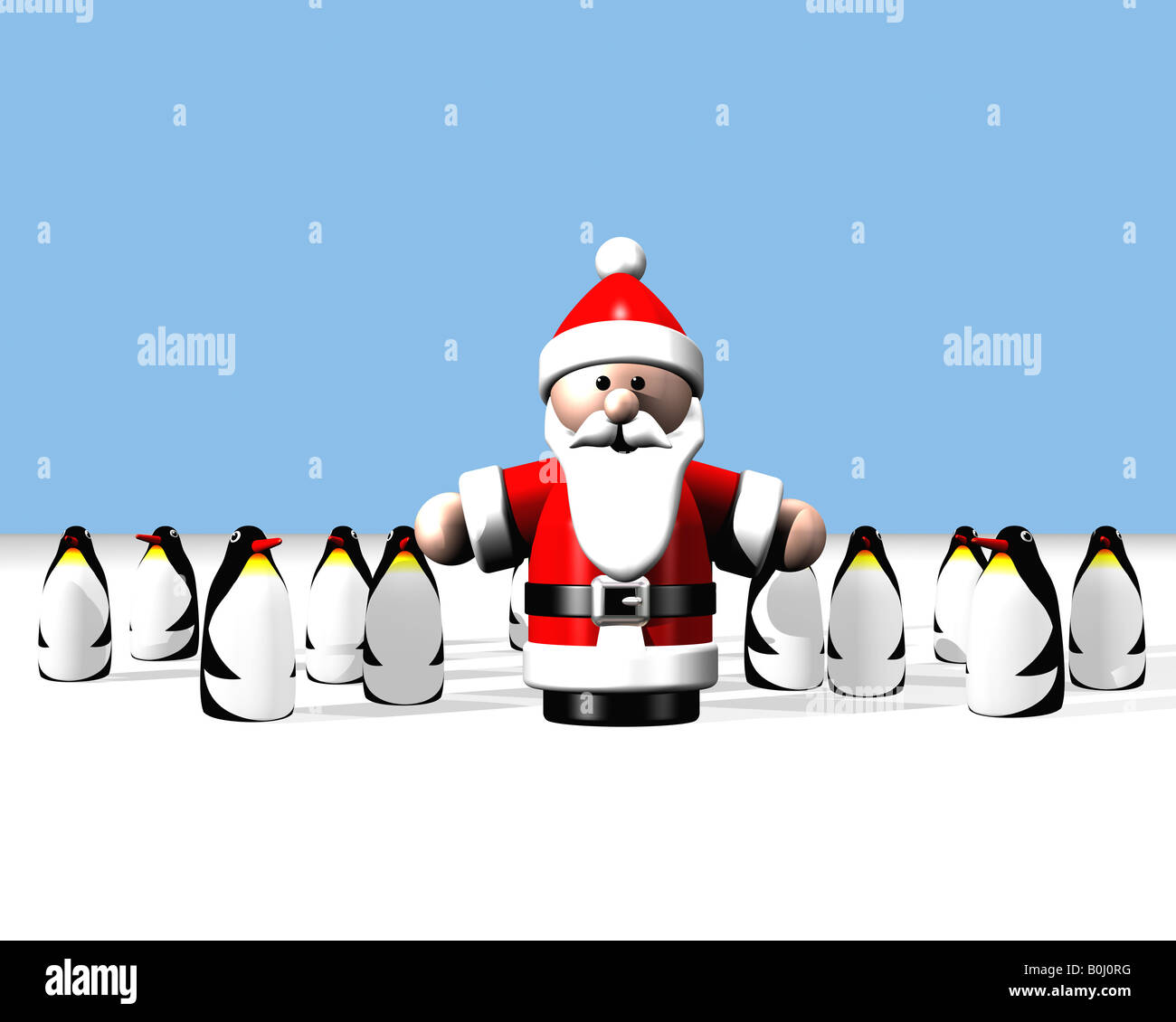 Santa stehend am Nordpol, umgeben von einer großen Gruppe von niedlichen Pinguine. Stockfoto