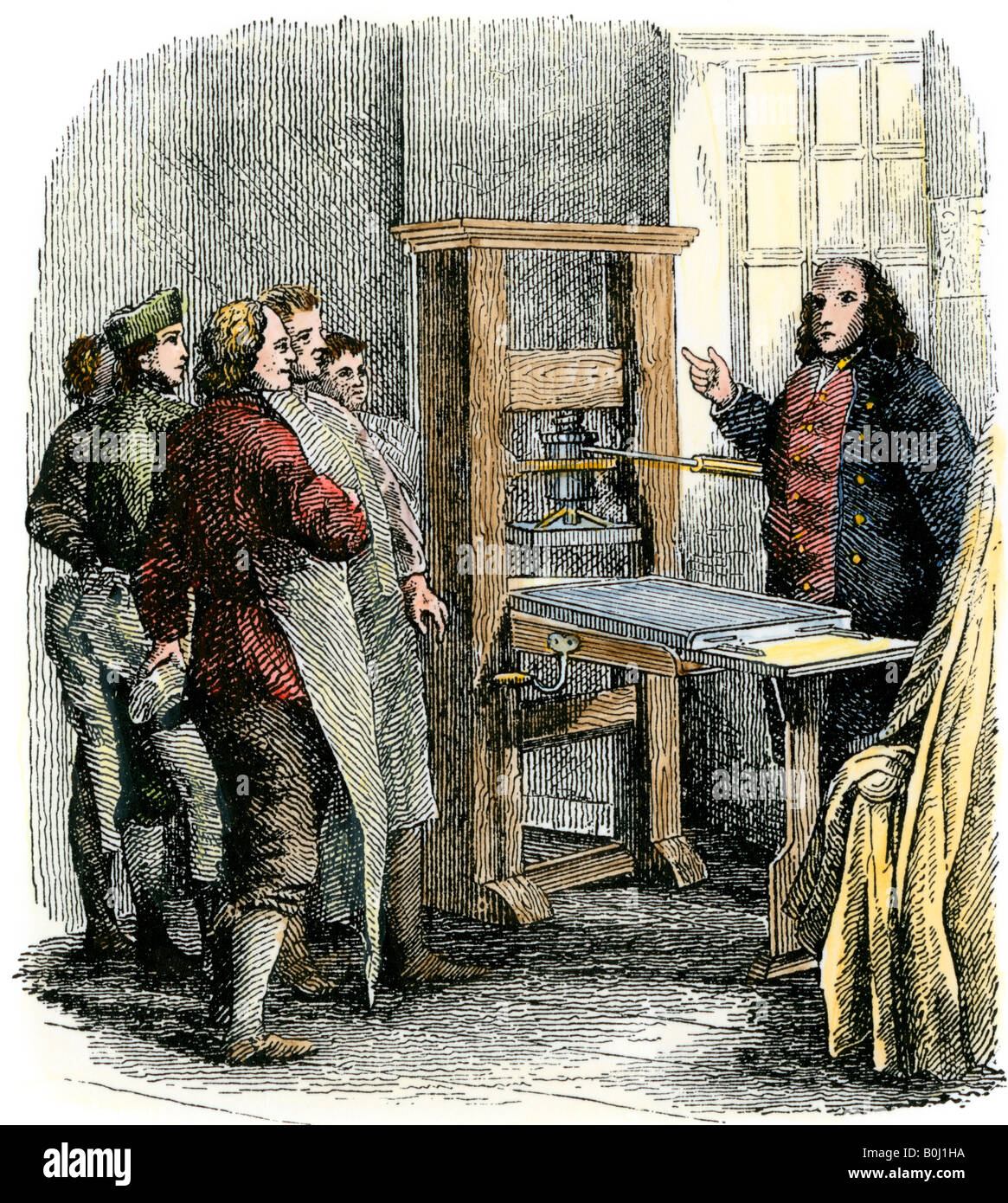 Benjamin Franklin In Seiner Druckerei Philadelphia. Hand - Farbige  Holzschnitt Stockfotografie - Alamy