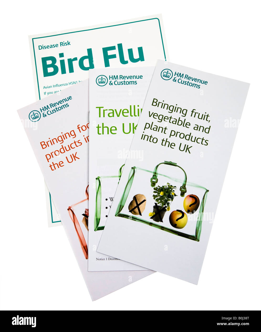 HM Revenue & Zoll Merkblätter für Reisende von und nach Großbritannien, darunter Vogel Grippe Erkrankung Risikohinweis Stockfoto