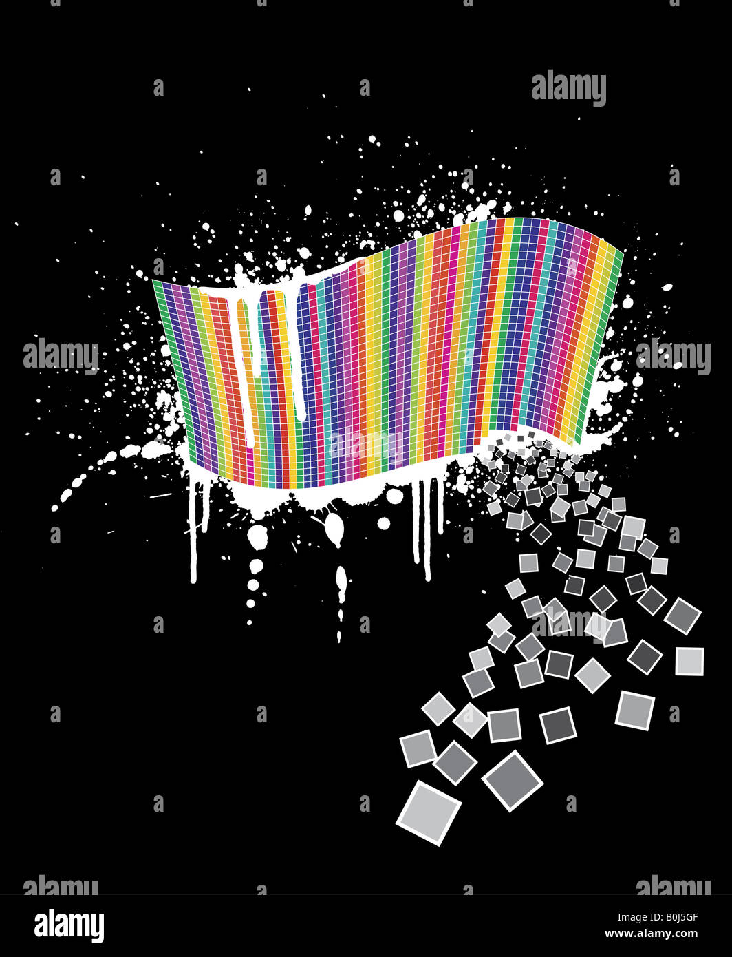 Vektor-Illustration einer wellenförmigen Regenbogen Wand voller Quadrate mit schwarzer Tinte Splatter unterhalb es und weißer Farbe drüber Stockfoto