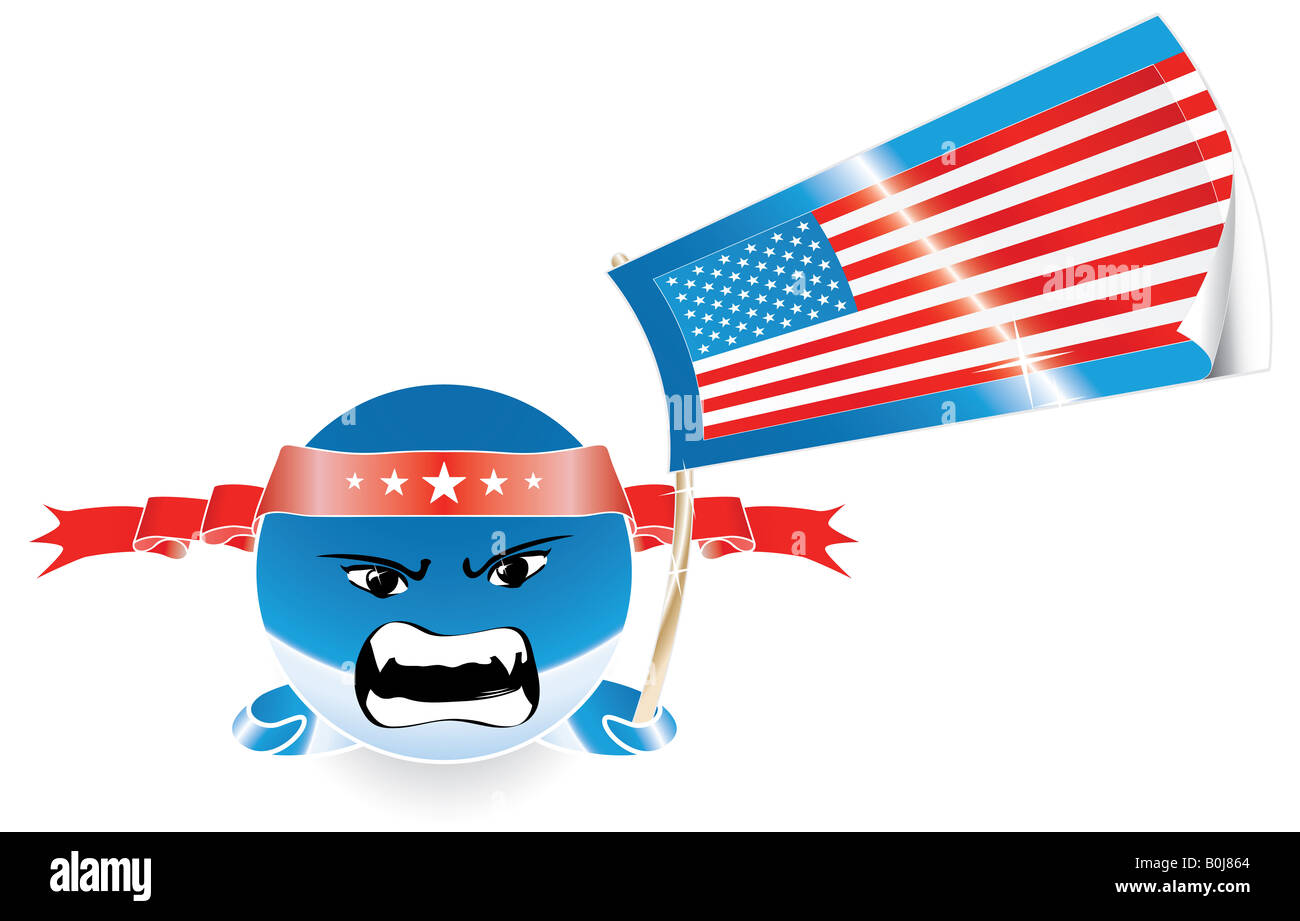 Vektor-Illustration von Emoticon Anime Stil winken eine US-Flagge mit einem bösen oder wütend Ausdruck anpassbar Stockfoto