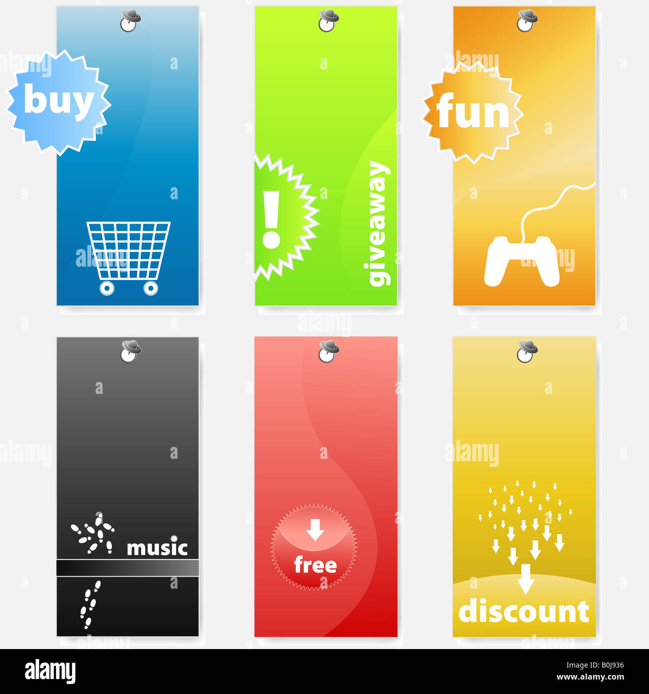 Vektor-Illustrationen von unterschiedlich gefärbt glänzend einkaufen und verwandte Web Musik tags Etiketten Stockfoto