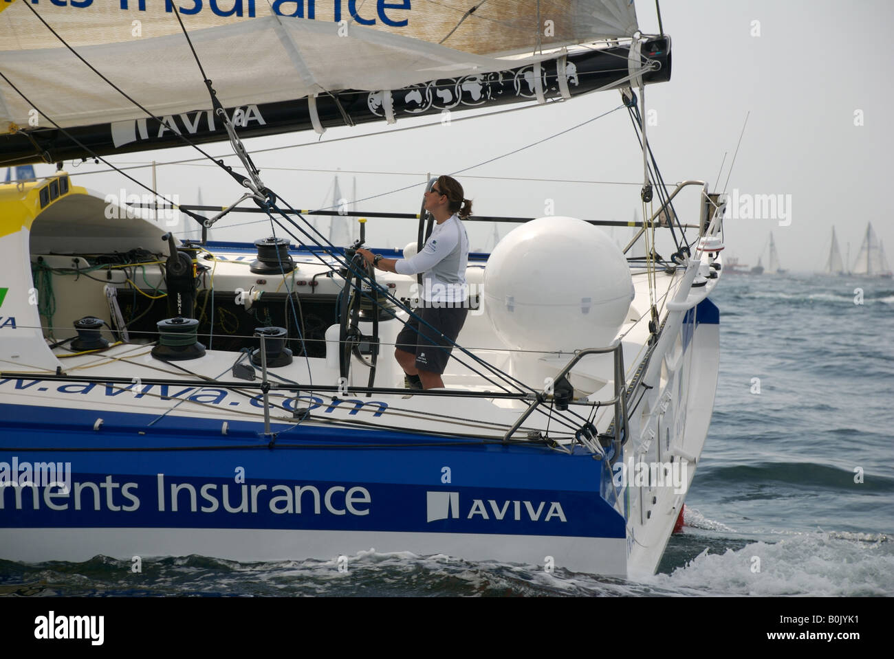 Yacht-Skipper Dee Caffari AVIVA, IMOCA 60 Klasse, Artemis Transat 2008 Race, Plymouth, Devon, UK Stockfoto