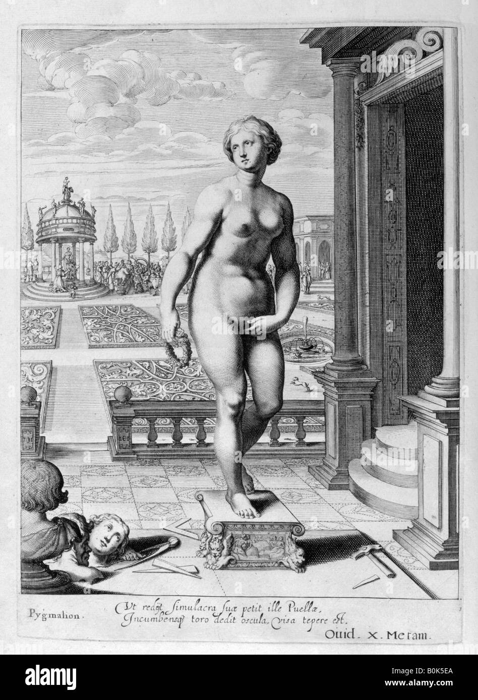 Pygmalion ist mit einer Statue, die er gemacht hat, die 1655 verliebt. Künstler: Michel de Marolles Stockfoto