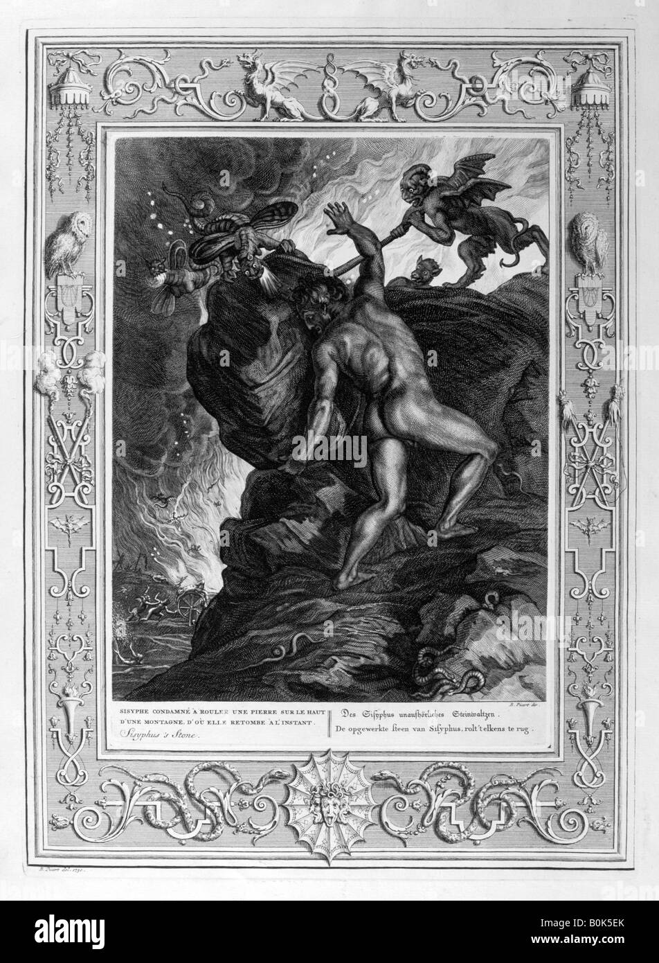 Sisyphos schob seinen Stein auf einen Berg, 1733. Künstler: Bernard Picart Stockfoto