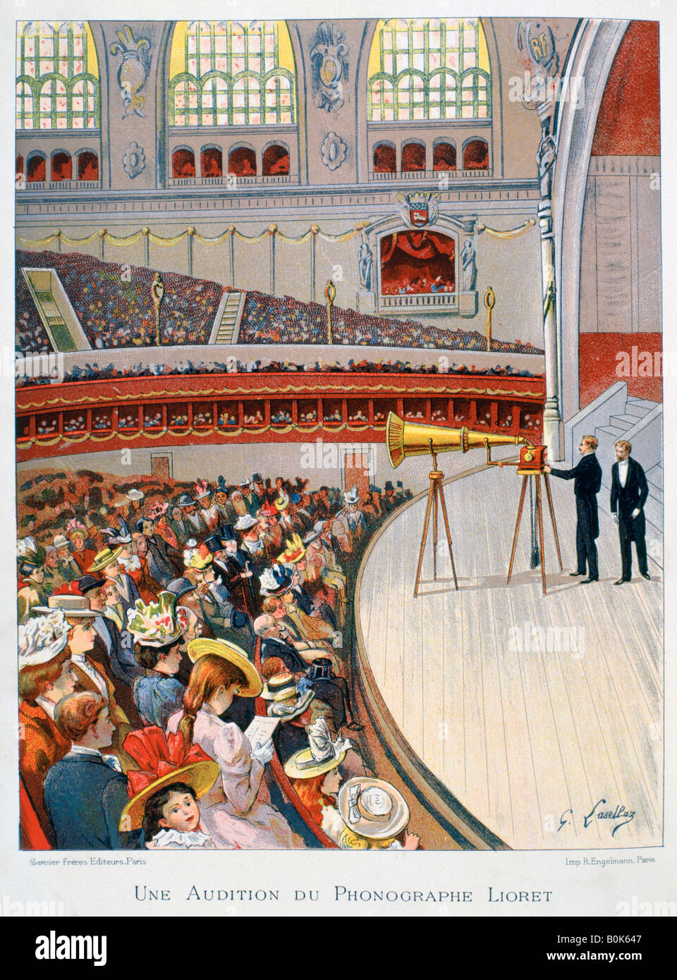 Plattenspieler oder Grammophon-Anzeige, 19. Jahrhundert. Künstler: Gustave Francois Lasellaz Stockfoto