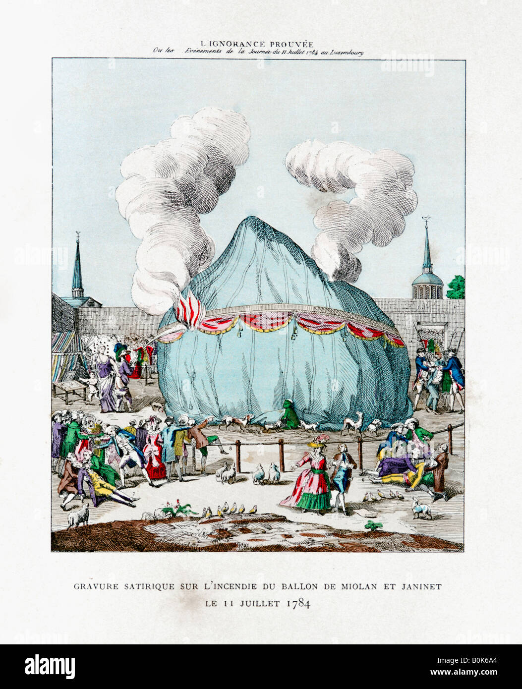 Satirische Gravur auf dem Feuer des Ballons Miolan und Janinet 1784 (1887). Künstler: Gaston Tissandier Stockfoto