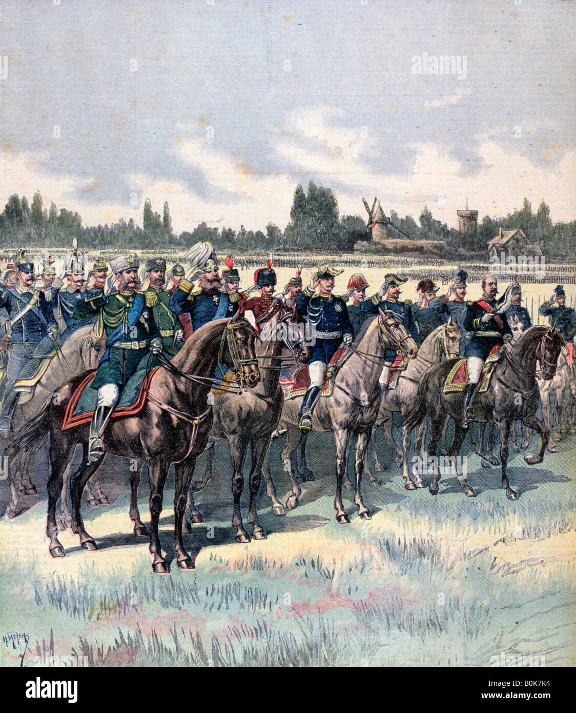 Militärische Bewertung mit General Saussier und ausländischen militärischen Attachés, 14. Juli 1891.  Künstler: Henri Meyer Stockfoto