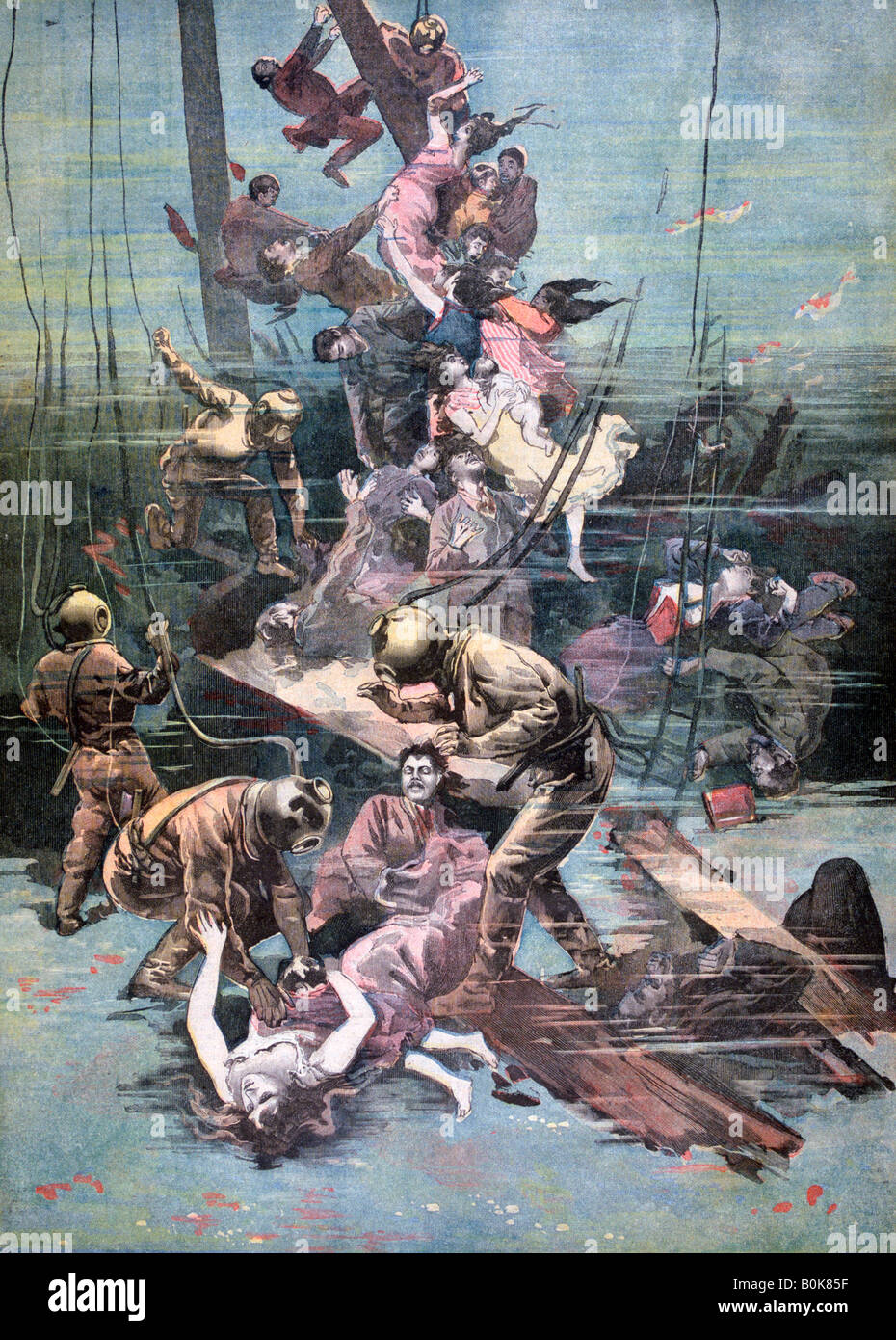 Ein Unfall in Santander, Taucher für die Leichen der Opfer, 1893. Artist: Unbekannt Stockfoto