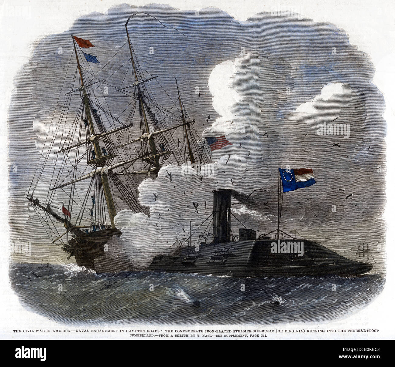 "Der Bürgerkrieg in Amerika - Naval Engagement in Hampton Roads...", 1862. Künstler: unbekannt Stockfoto