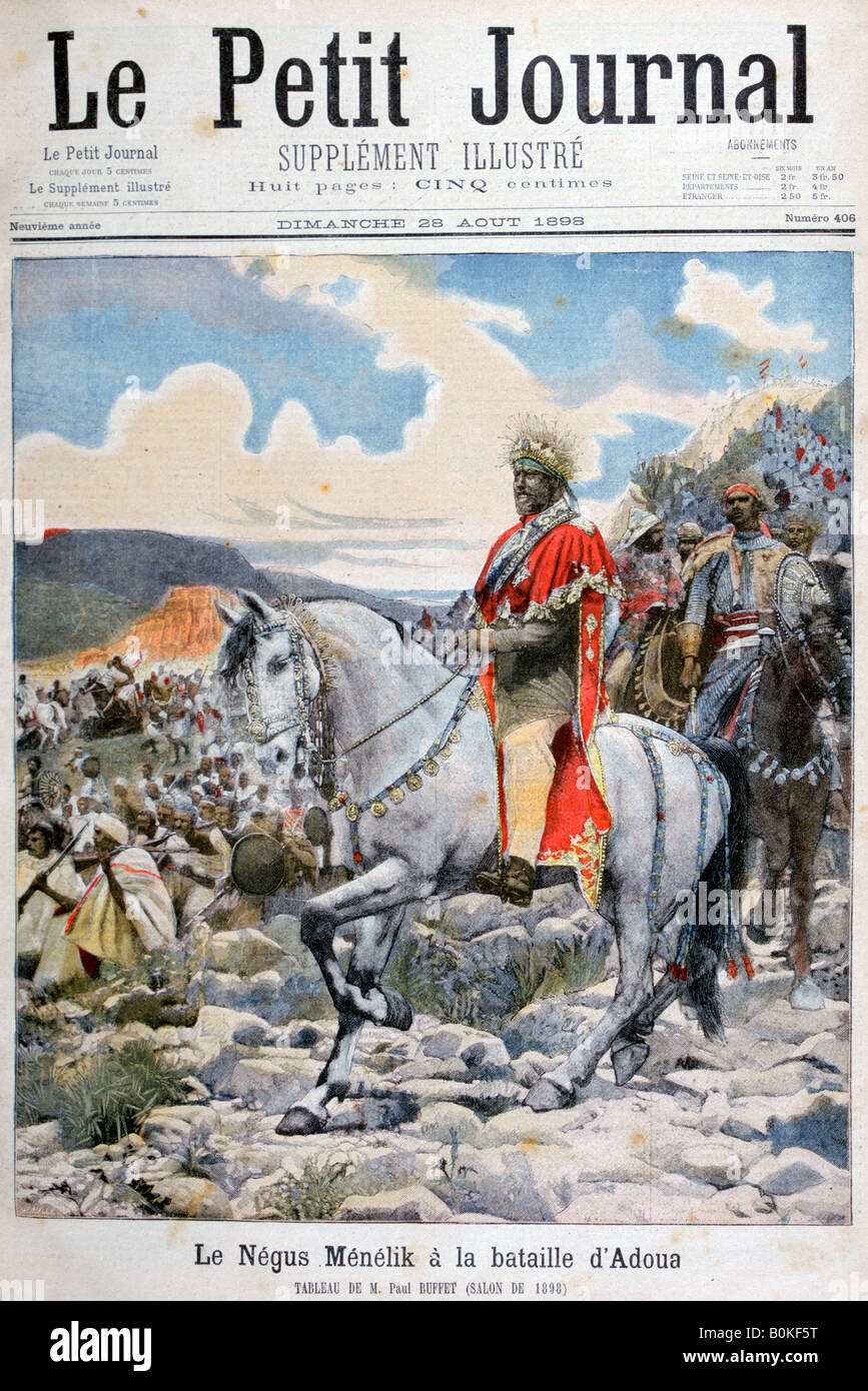 Negus von Äthiopien, Menelik II, in der Schlacht von Adoua ", 1898. Künstler: F Meaulle Stockfoto