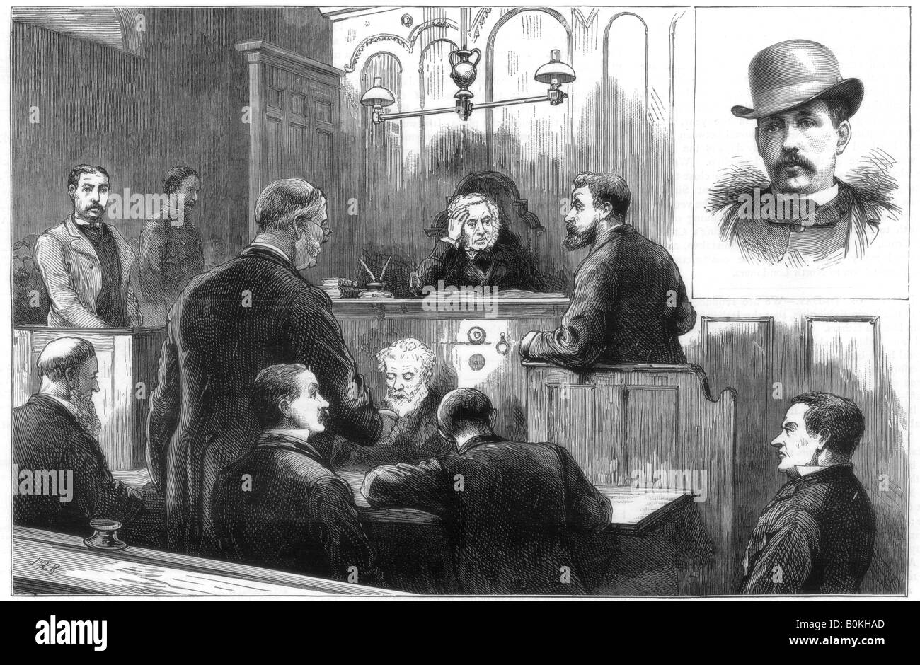 Prüfung von John Daly, alias Denman, an der Birkenhead Polizei Gericht, 1884. Artist: Unbekannt Stockfoto
