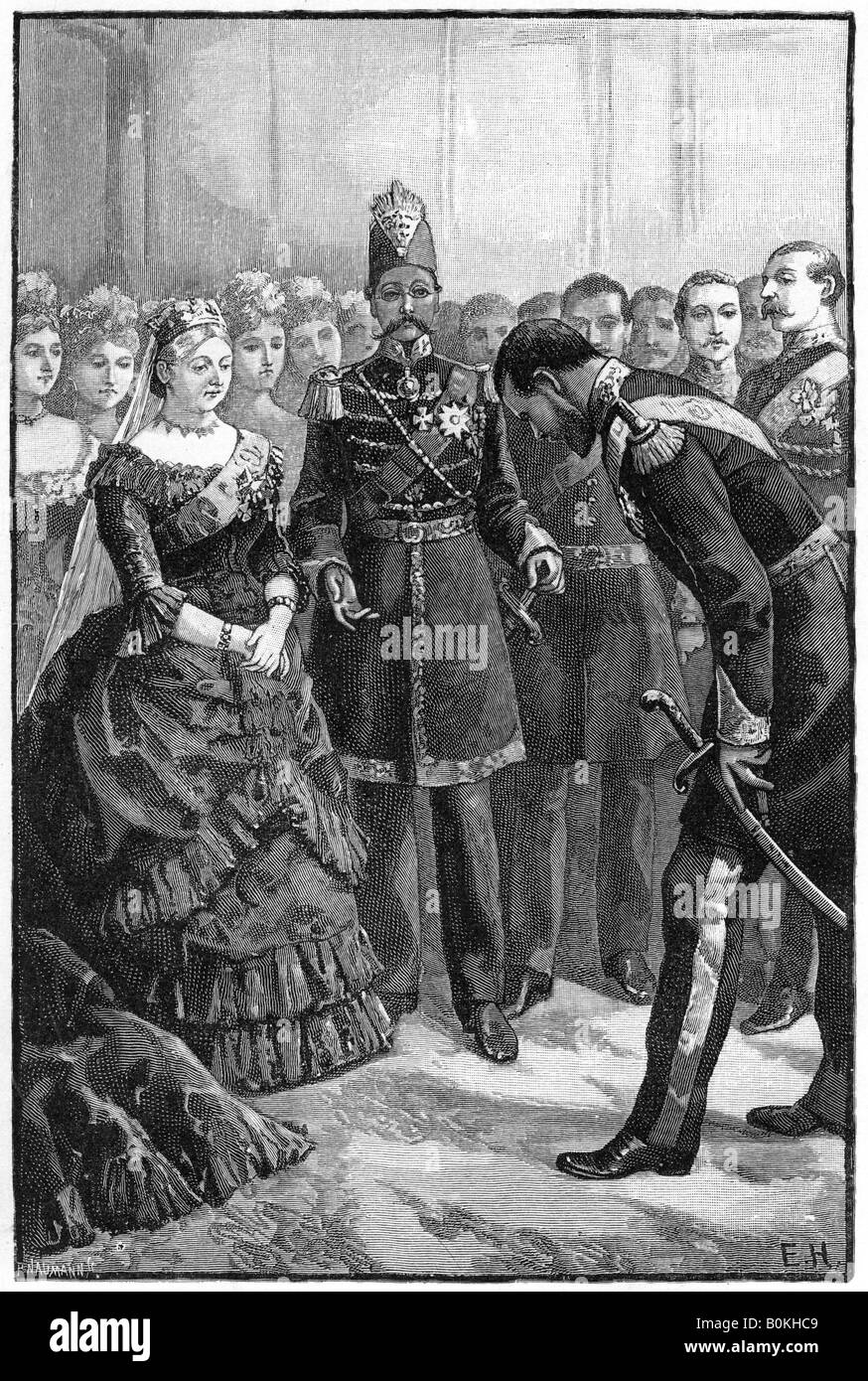 Der Schah von Persien präsentiert seinen Anzug nach Königin Victoria in Windsor, Mitte-Ende des 19. Jahrhunderts. Künstler: unbekannt Stockfoto