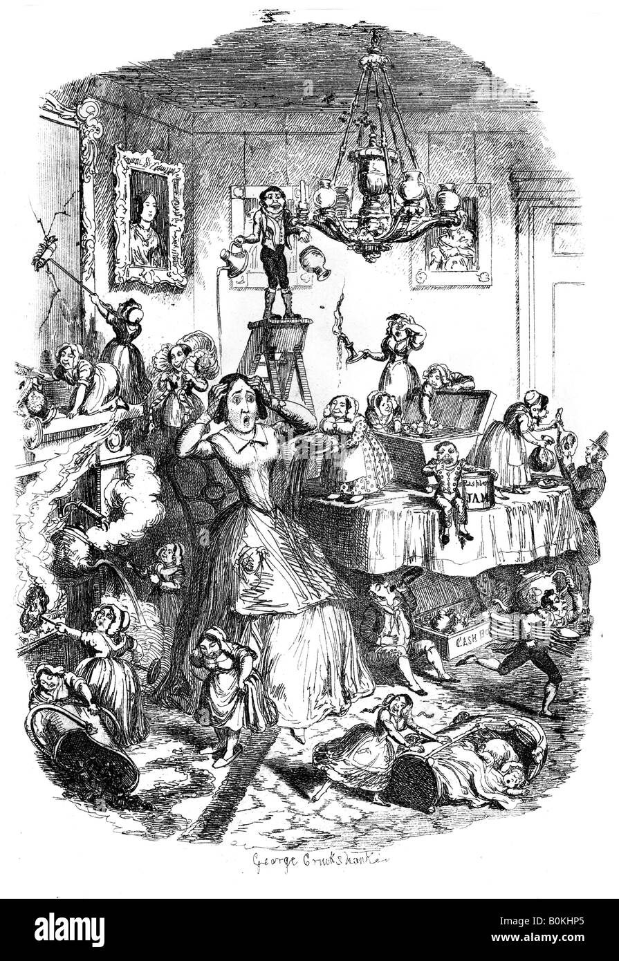 Fast 'zu Tode sorgen' durch die 'größte Plage des Lebens', c.1840 Künstler: George Cruikshank Stockfoto