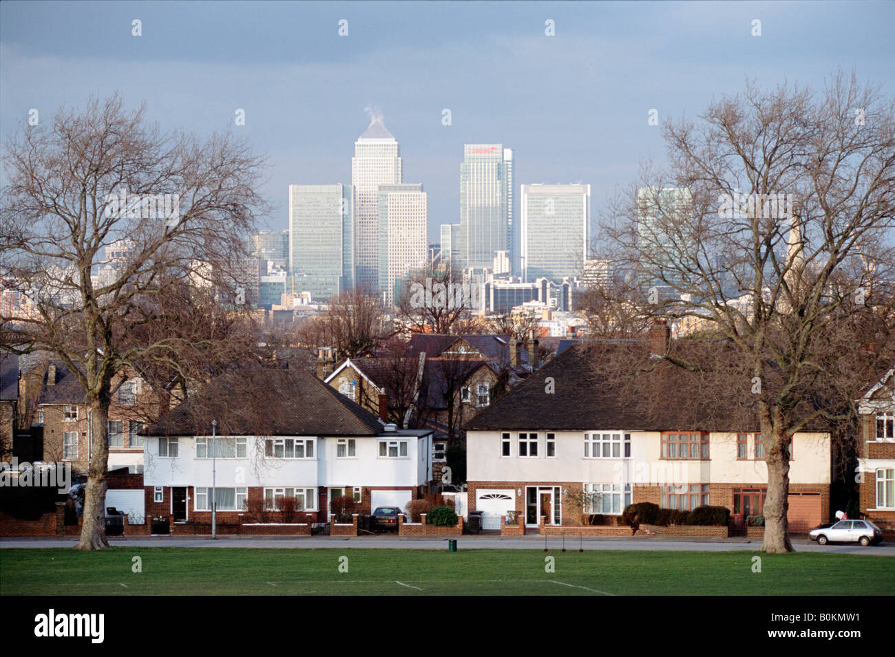 Blick auf London Docklands Entwicklungen von hügeligen Feldern, Lewisham, South East London UK Stockfoto