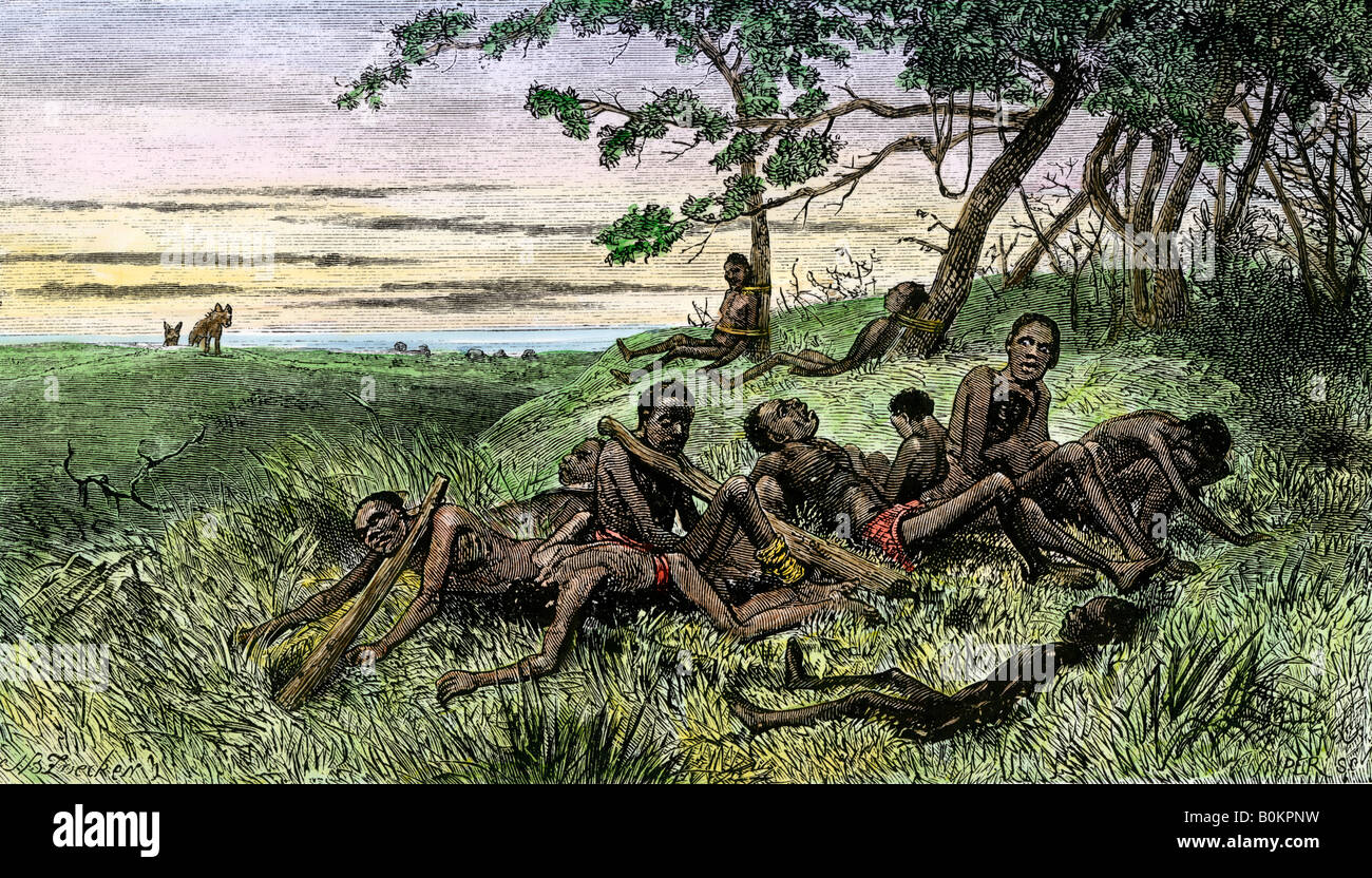 Slaves zu schwach bis März links hinter der afrikanischen Händlern zu sterben. Hand - farbige Holzschnitt Stockfoto