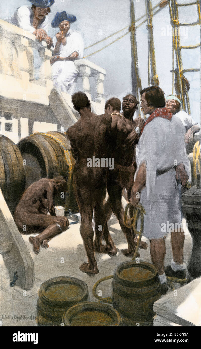 Die Afrikaner, die an Bord eines Slave Schiff entlang der Westküste Afrikas 1700. Handcolorierte halftone einer Abbildung Stockfoto