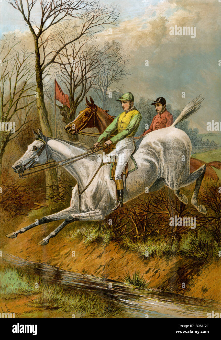 Steeplechase Reiter Nehmen ein Sprung im Großbritannien der 1880er Jahre. Farblithographie Stockfoto