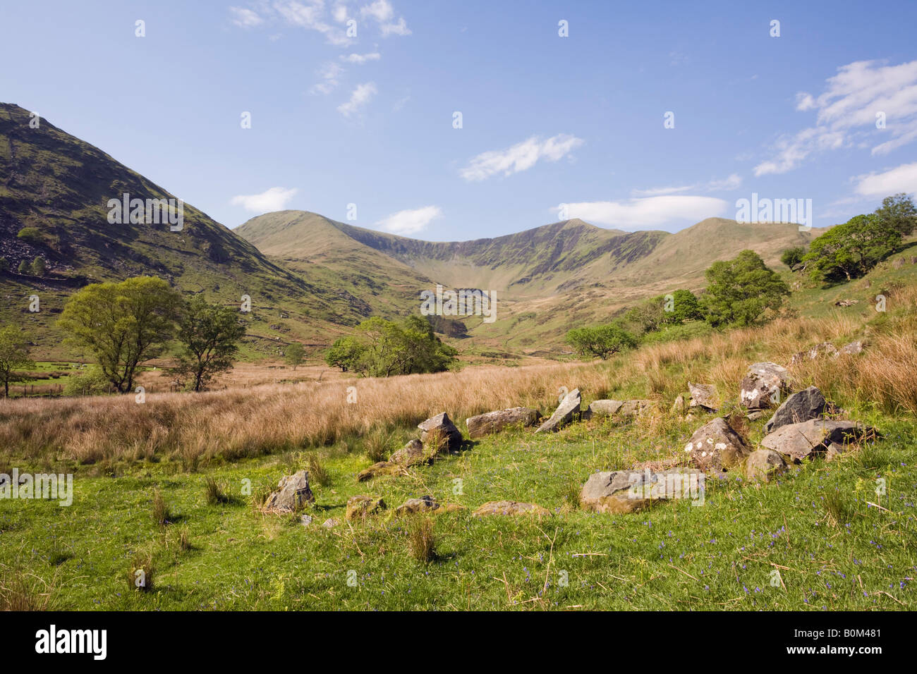 Ländliche walisischen Tal in Snowdonia-Nationalpark mit Nantlle Ridge Berge im Hintergrund. CWM Wimpel Gwynedd North Wales UK Stockfoto
