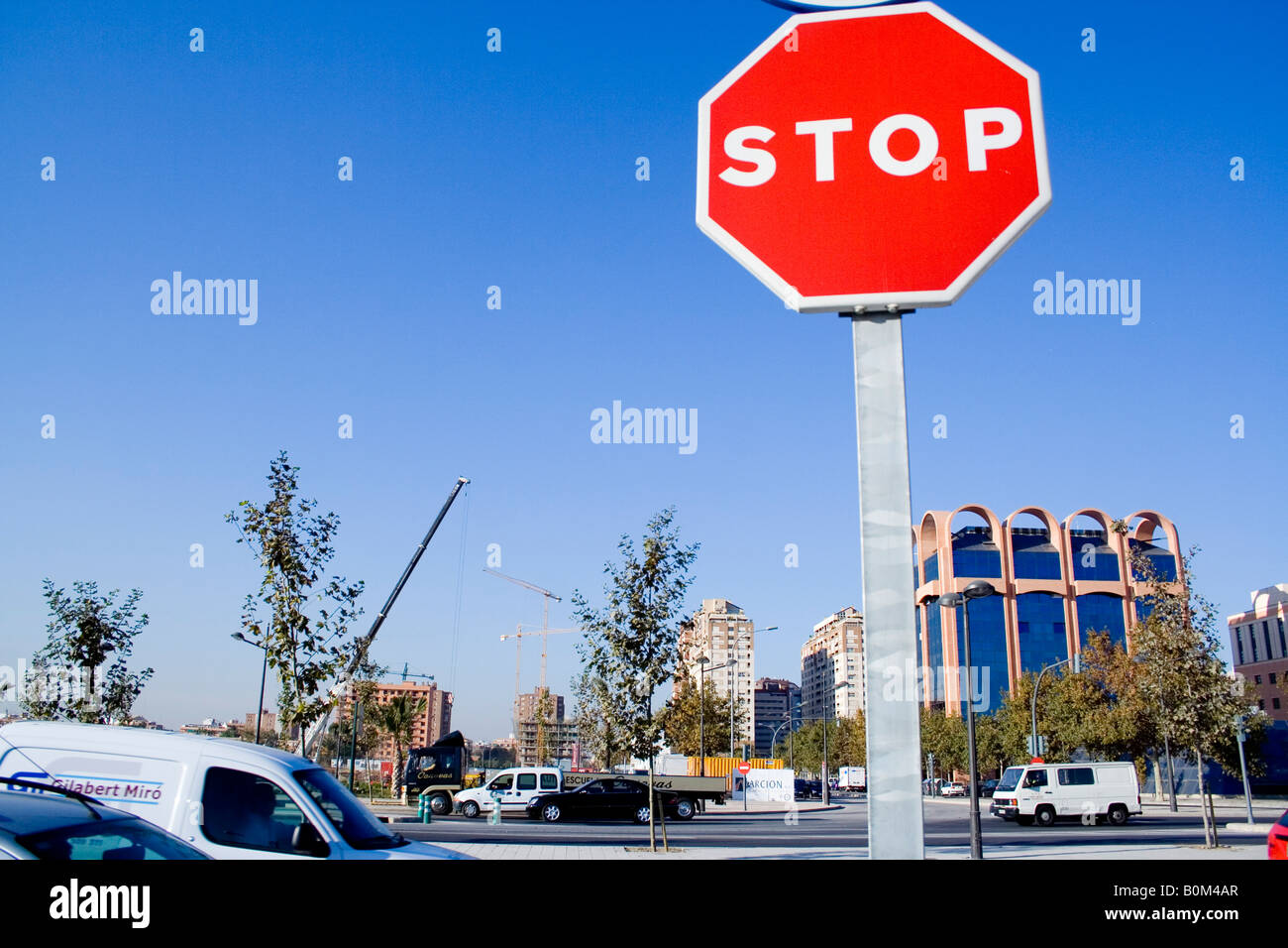 Stop, Peripherie, Hindernissen, Stadt, Autos, el Saler, Baustelle Stockfoto