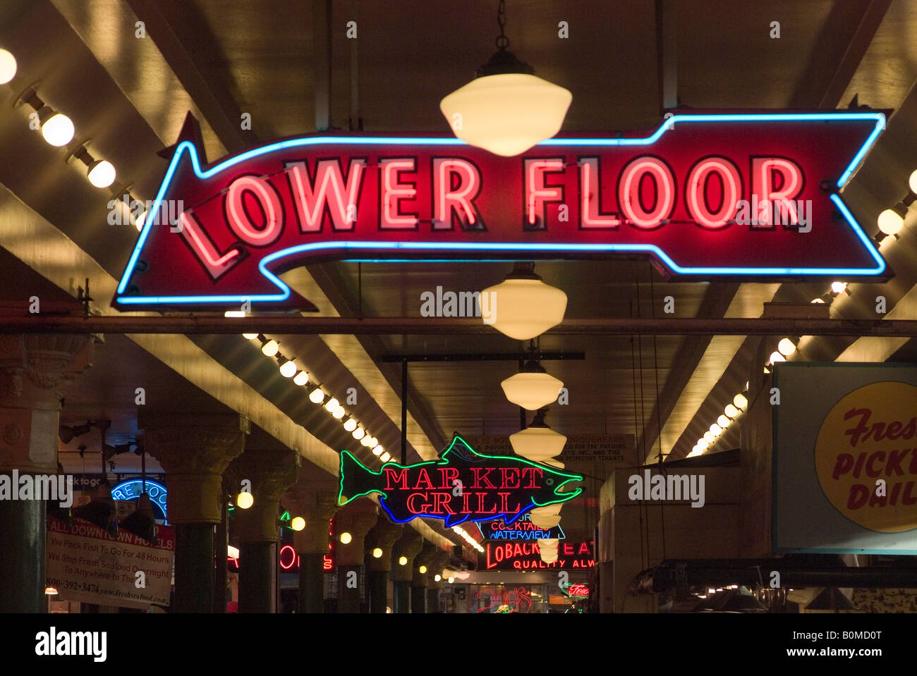 Neon Schilder, Pikes Market, Seattle, Washington, USA. Stockfoto