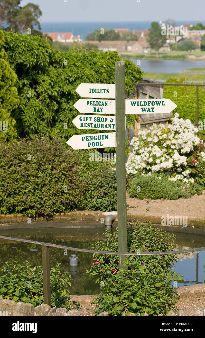 Hinweisschilder am Flamingo Park, Insel Wight im Frühling. Der Solent steht im Hintergrund Stockfoto
