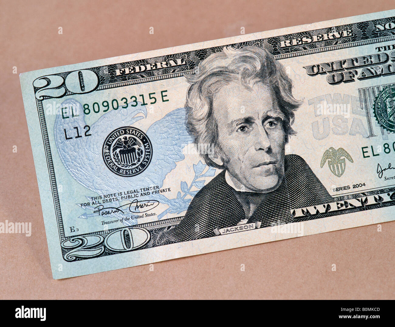 Detail einer neuen 20 US-Dollar-Rechnung mit einem Bild von Andrew Jackson Stockfoto