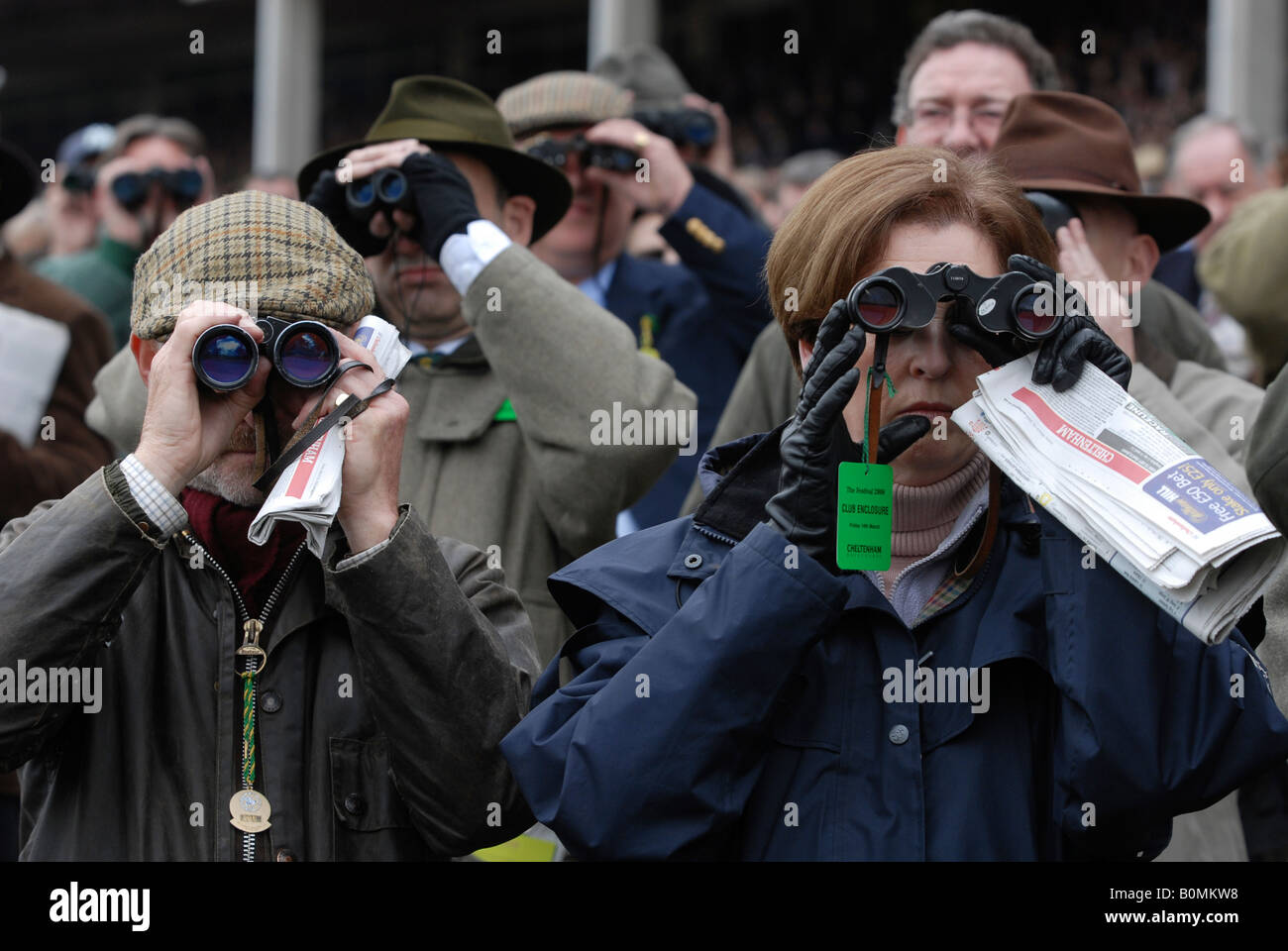 Racegoers mit dem Fernglas beobachten die Pferderennen in Cheltenham National Hunt Festival. Stockfoto