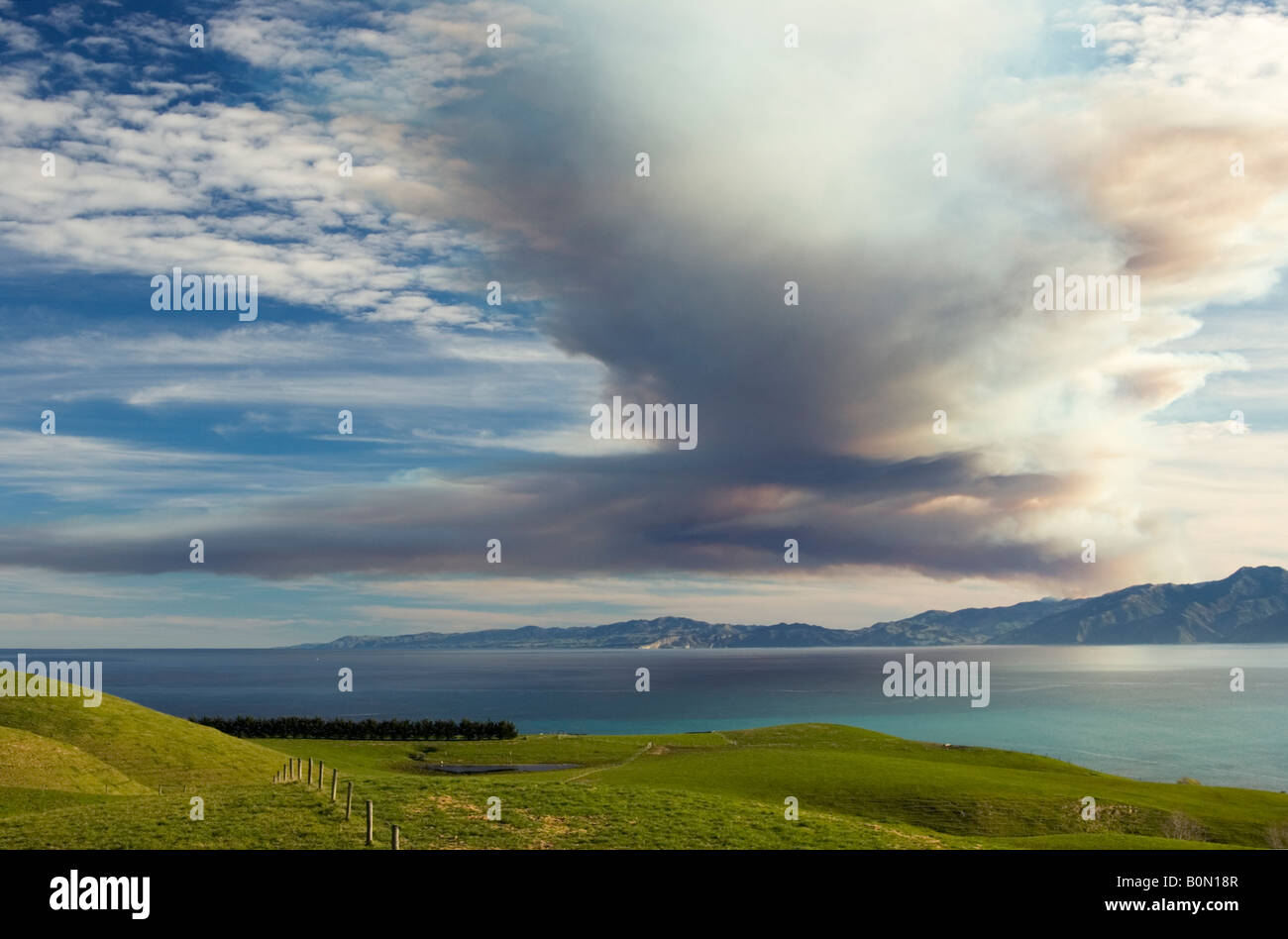 Rauch aus einem großen Busch Feuer hängt am Himmel über der Küste südlich von Kaikoura, Neuseeland Stockfoto