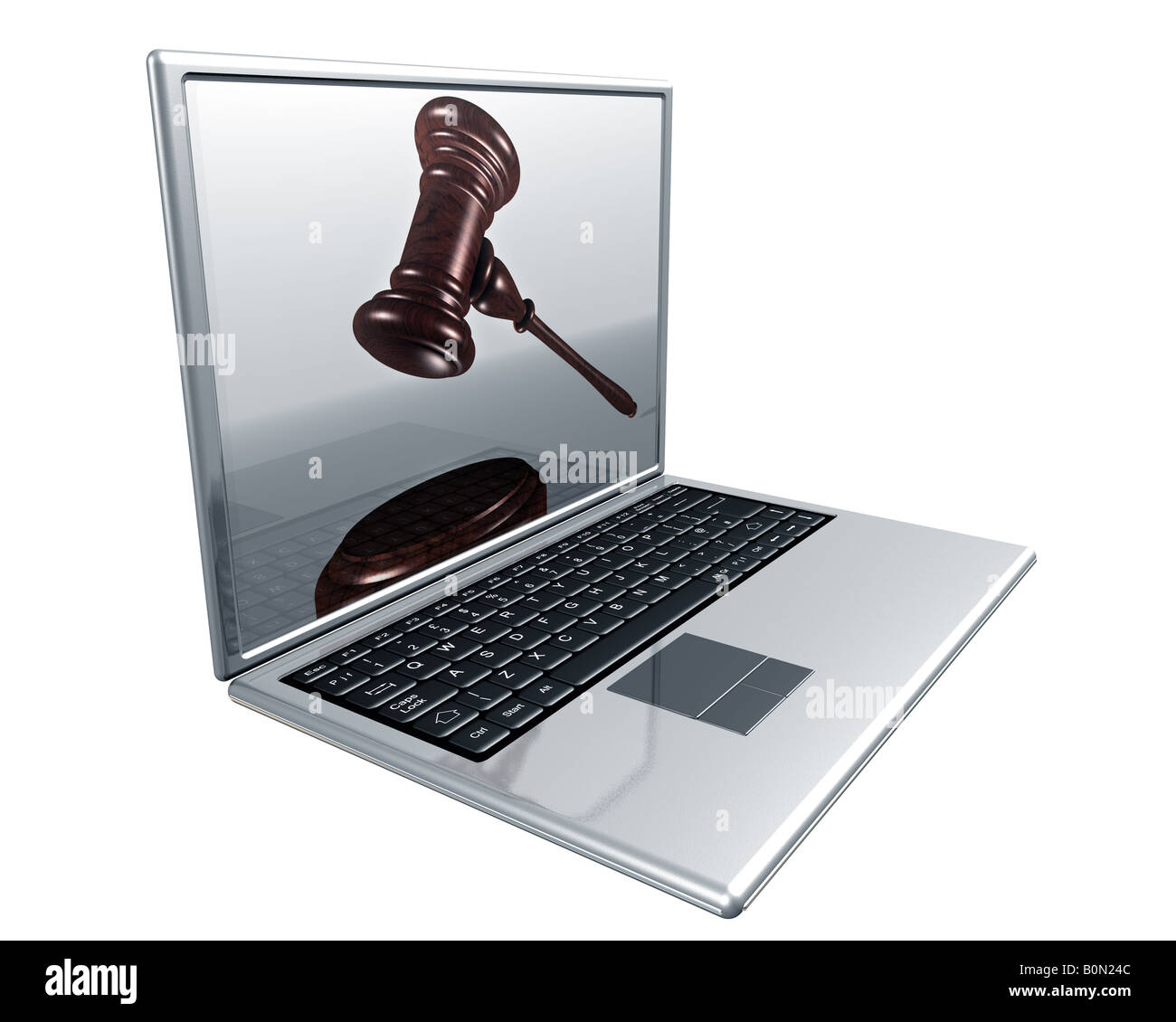 Ein Laptop mit einem Hammer auf dem Bildschirm für Internet-Auktionen Stockfoto