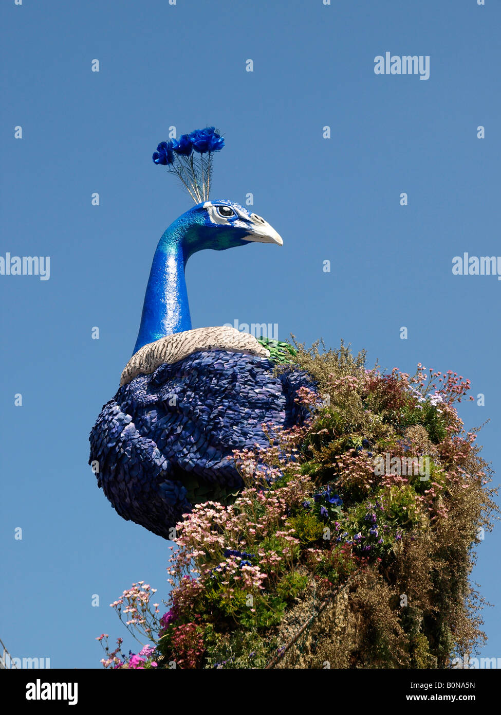 Eines der beiden Pfau-Skulpturen geschaffen, Blumen von Preston Bailey als Teil der Feder Renaissance Veranstaltung Covent Garden Stockfoto