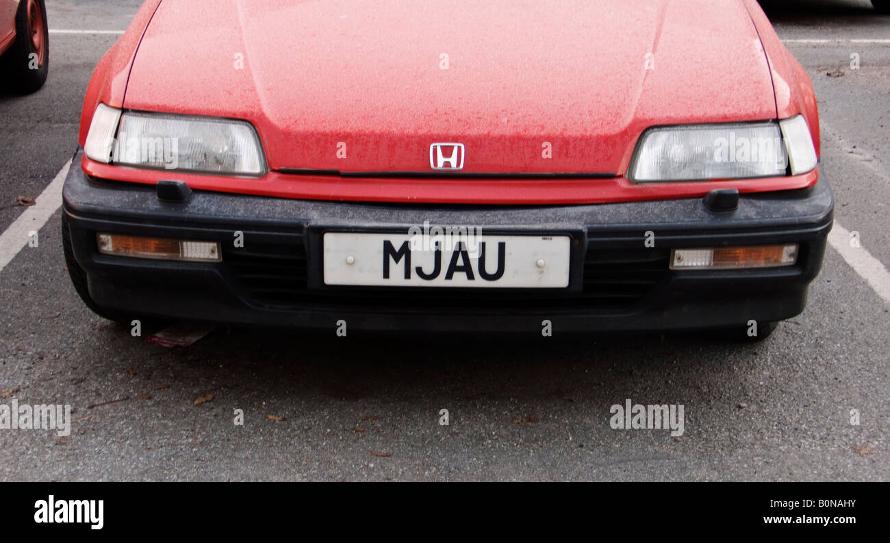Ein Catlovers Auto mit einer Eitelkeit Platte sagen Mjau im Stockholmer Vorort Bandhagen Stockfoto