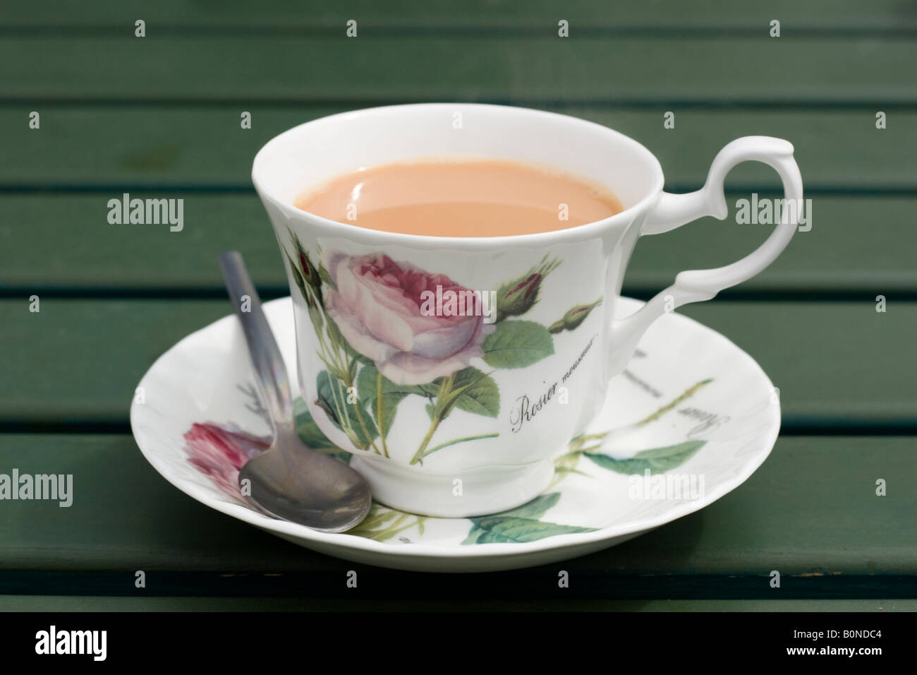 Tasse Tee auf Outdoor-Picknick-Tisch Stockfoto