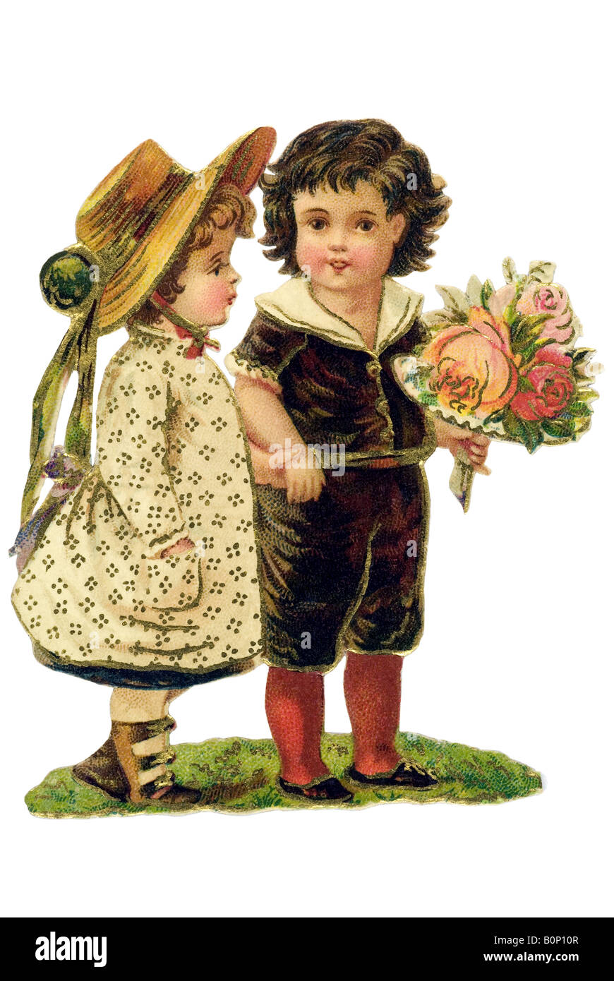 alten Geschwister mit Blumen 19. Jahrhundert in Deutschland Stockfoto