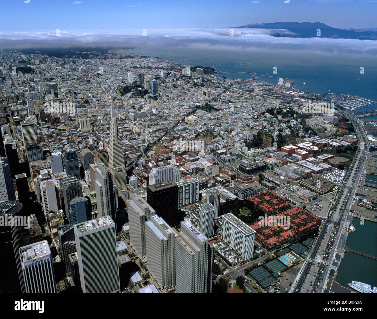 Luftaufnahmen über San Francisco Embarcadero Center und Transamerica Pyramide mit Blick auf Golden Gate im Nebel Stockfoto