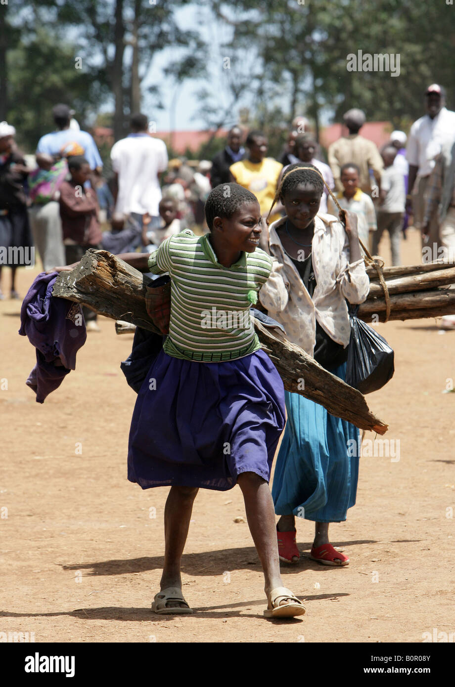 Kenianischen Flüchtlinge mit Brennholz (Vertriebene = IDPs) im Flüchtlingslager BURNT Wald, Rift Valley Stockfoto