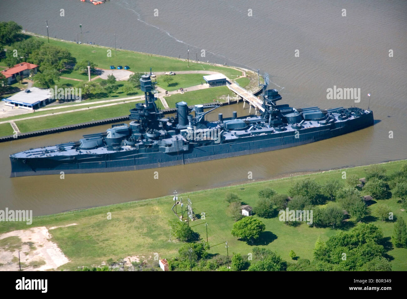 Luftbild von der Museum Schlachtschiff USS Texas in San Jacinto Battleground State Historic Site in Houston Texas Stockfoto