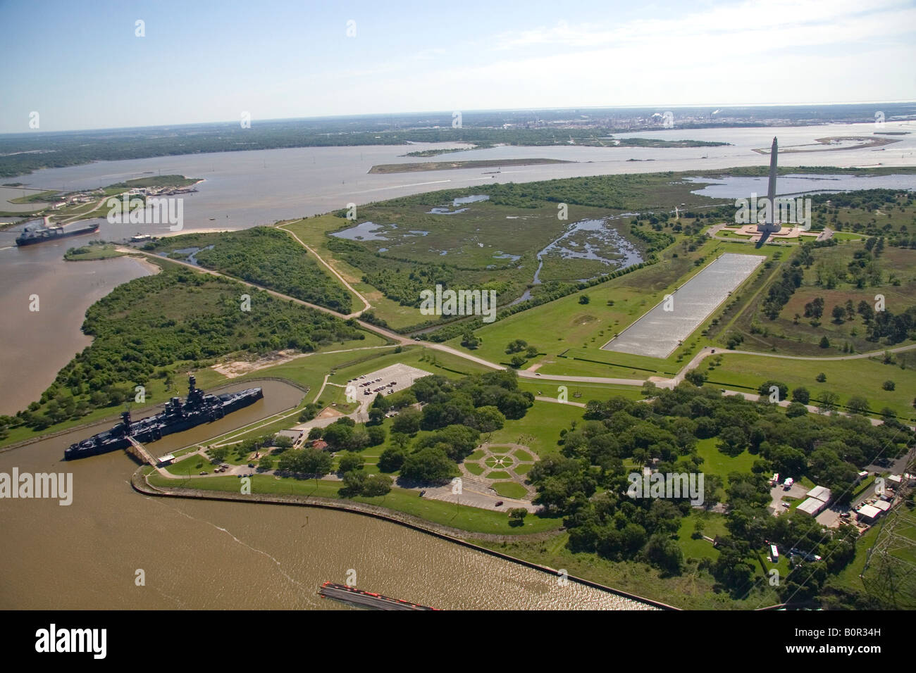 Luftbild von der San Jacinto Battleground State Historic Site entlang des Houston Ship Channel in Houston Texas Stockfoto