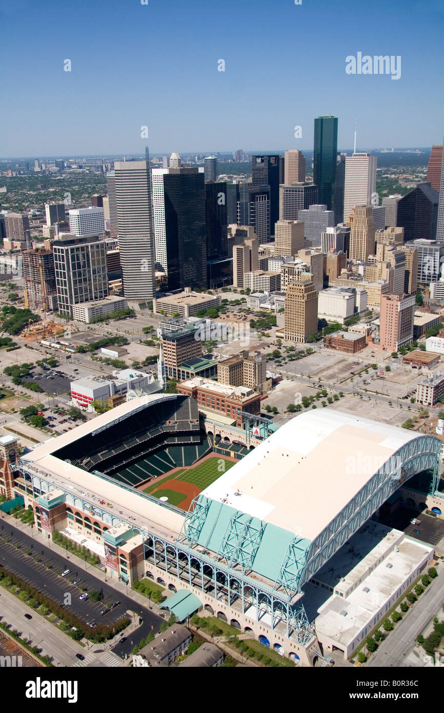 Luftbild von Minute Maid Park und Downtown Houston Texas Stockfoto