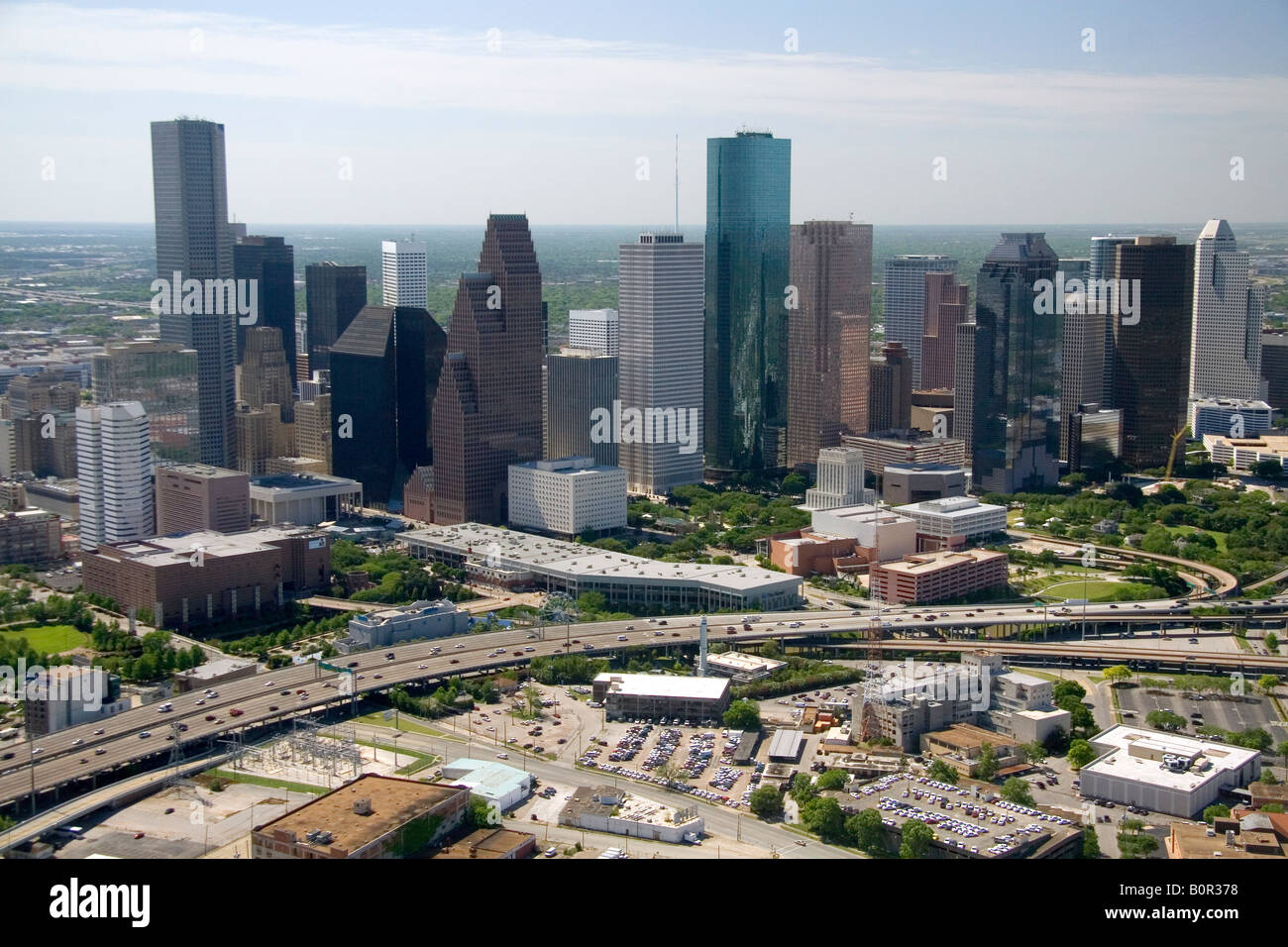 Luftaufnahme der Interstate 45 und Downtown Houston Texas Stockfoto