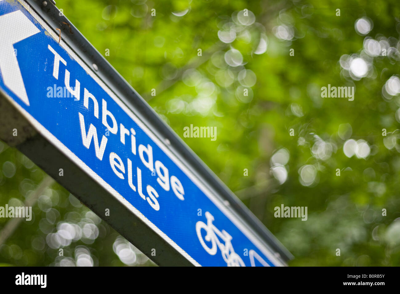 Blaues Schild weist auf Tunbridge Wells auf einem Radweg mit grünen Bäumen im Hintergrund. Stockfoto