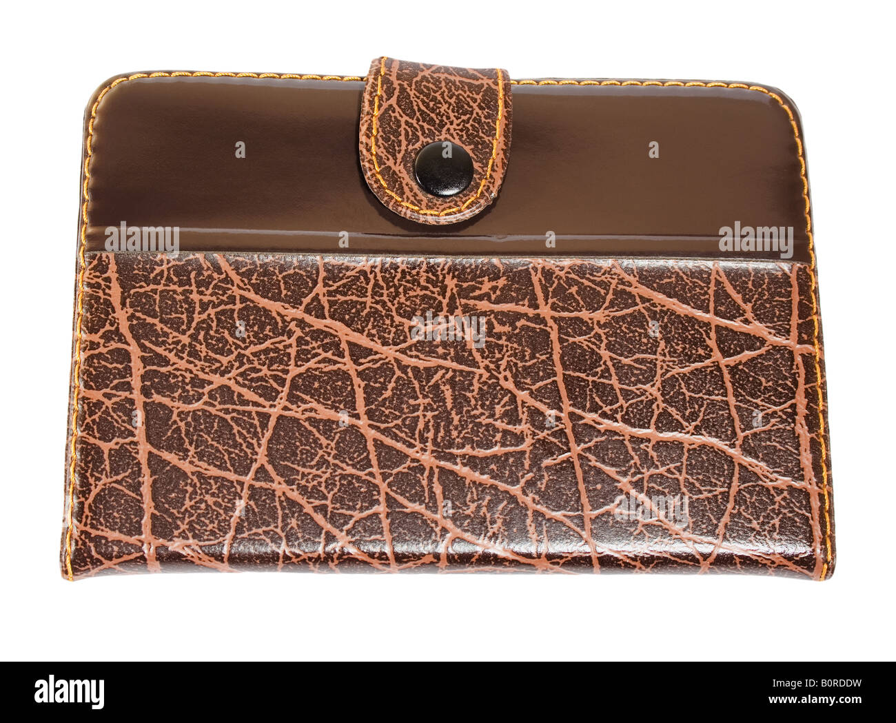 altes Notebook aus braunem Kunstleder auf weißem Hintergrund Stockfoto